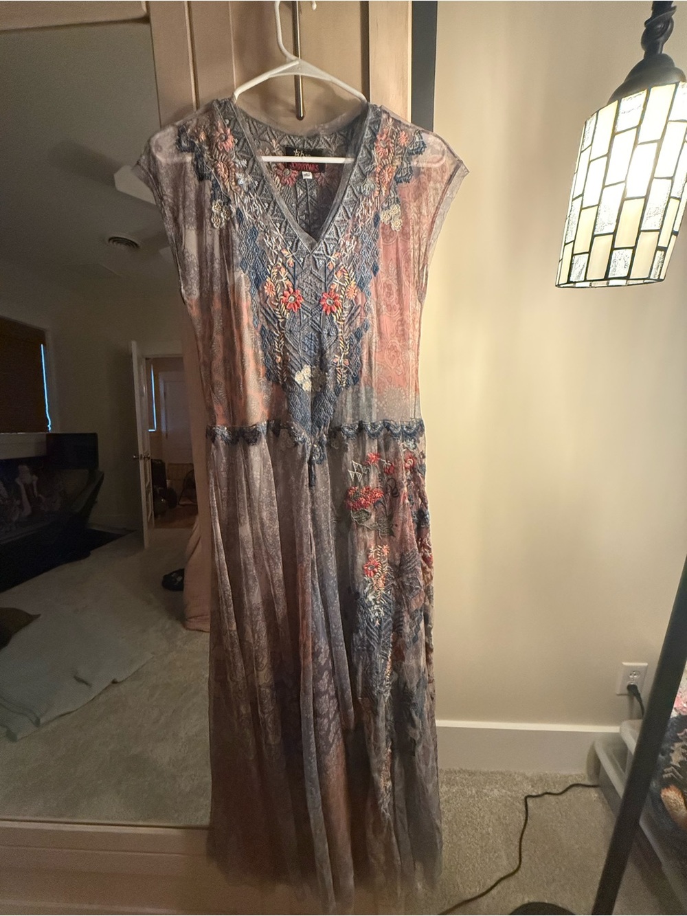 Johnny Was Dusty Rose and Slate Blue Embroidered Maxi Dress